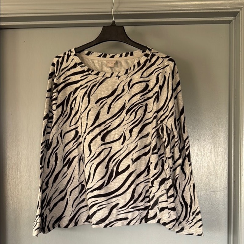 Chico's Zebra Print Women's Pullover Top Sz Xl Scoop Neck Long Sleeves